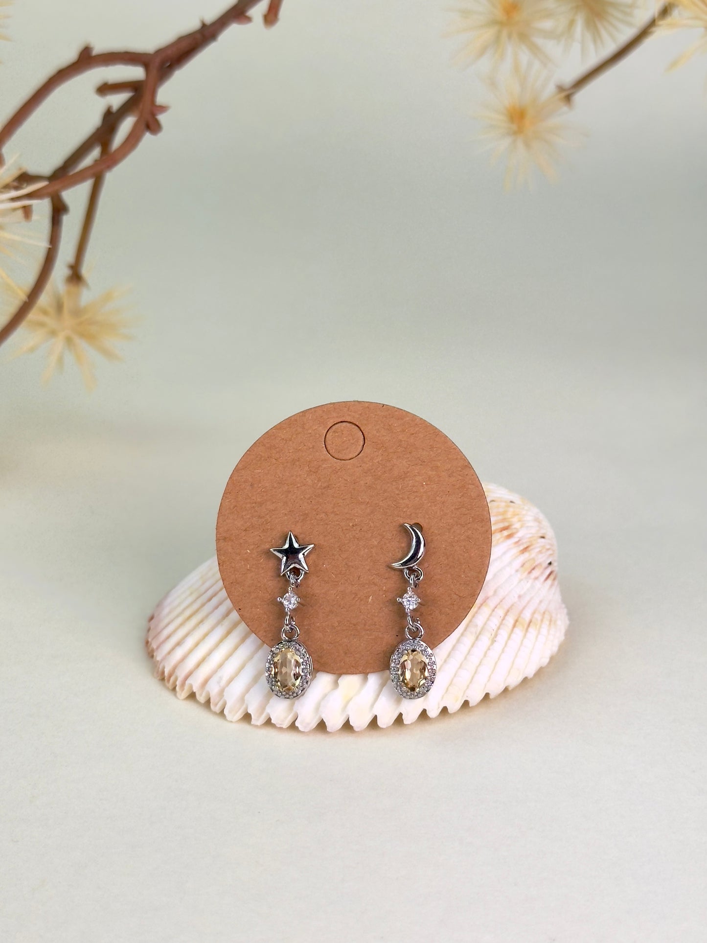 Citrine Star Moon Dangle earrings - Heat Treated Amethyst