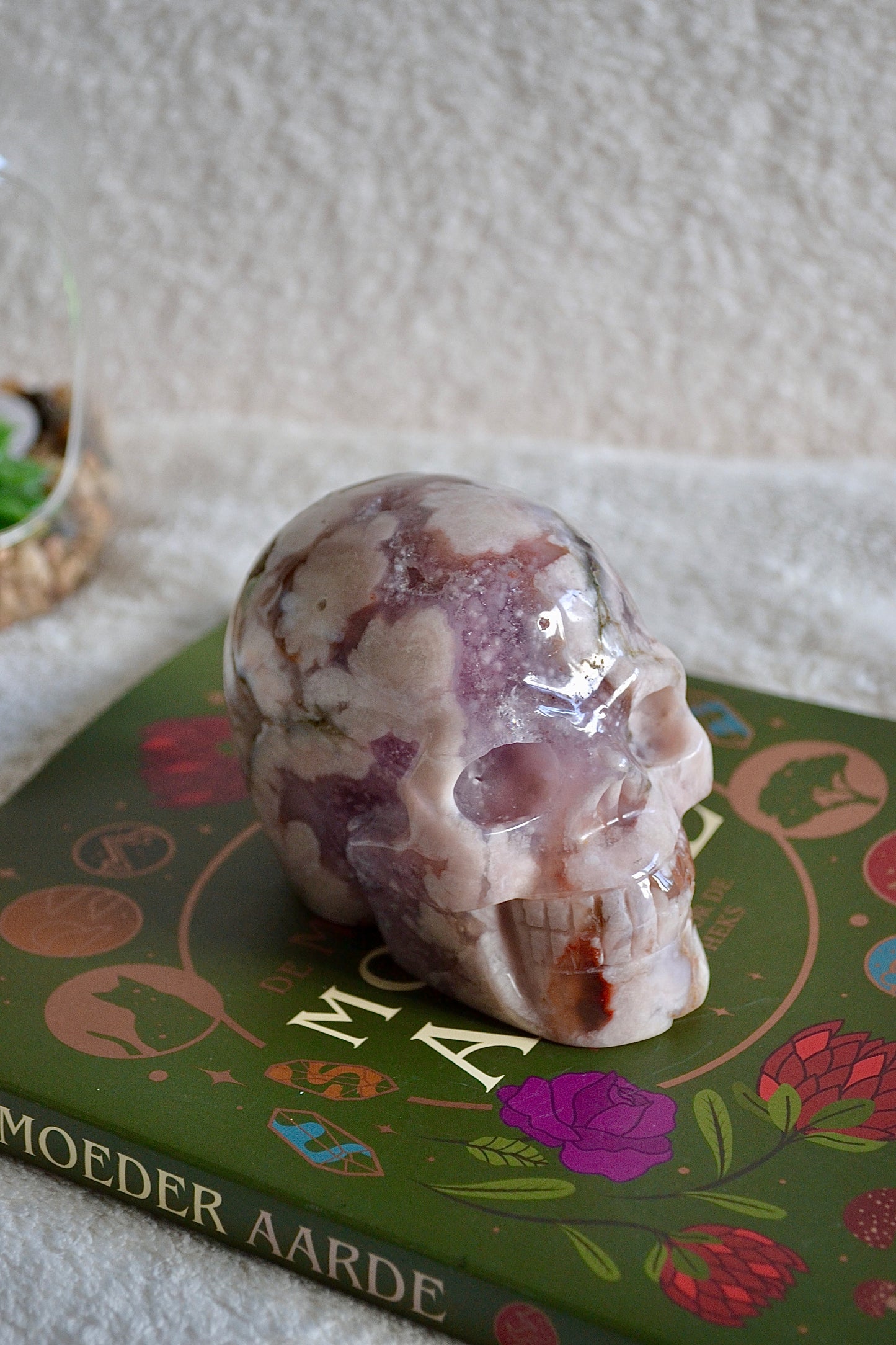 Pink Amethyst with Flower Agate Skull