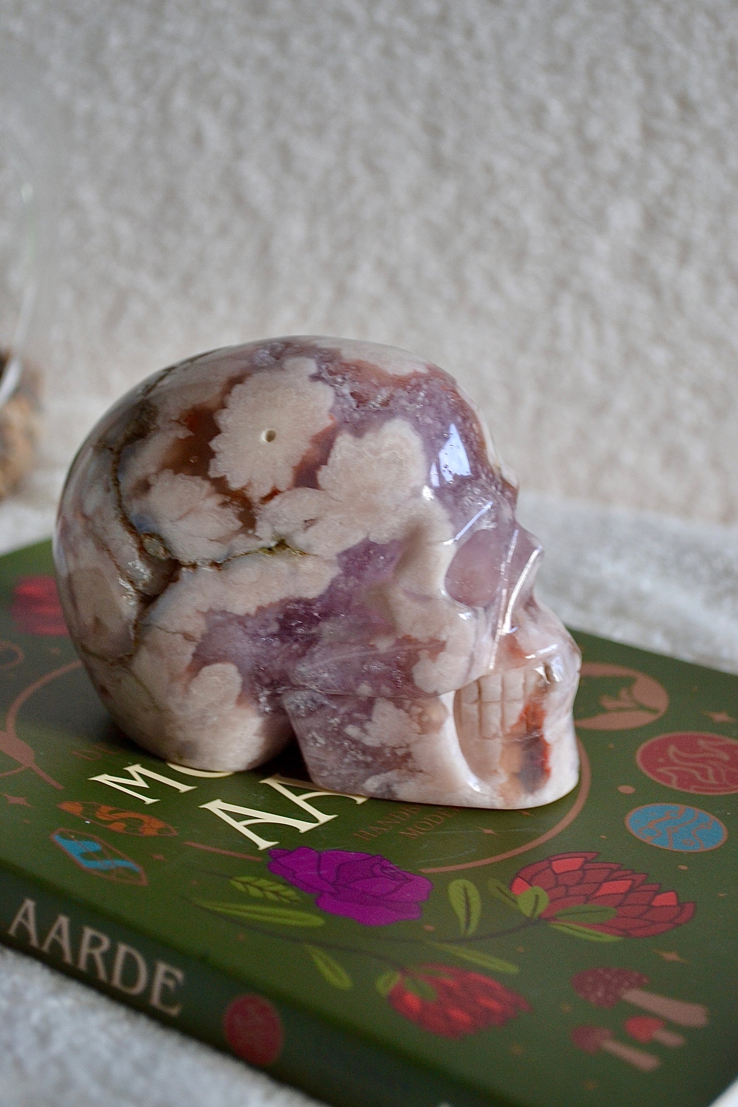 Pink Amethyst with Flower Agate Skull