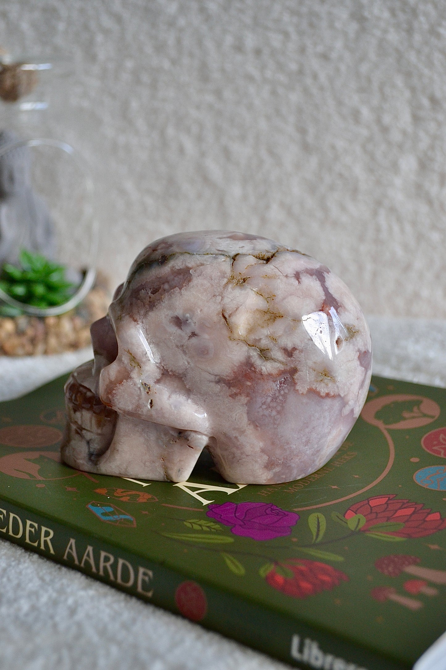 Pink Amethyst with Flower Agate Skull