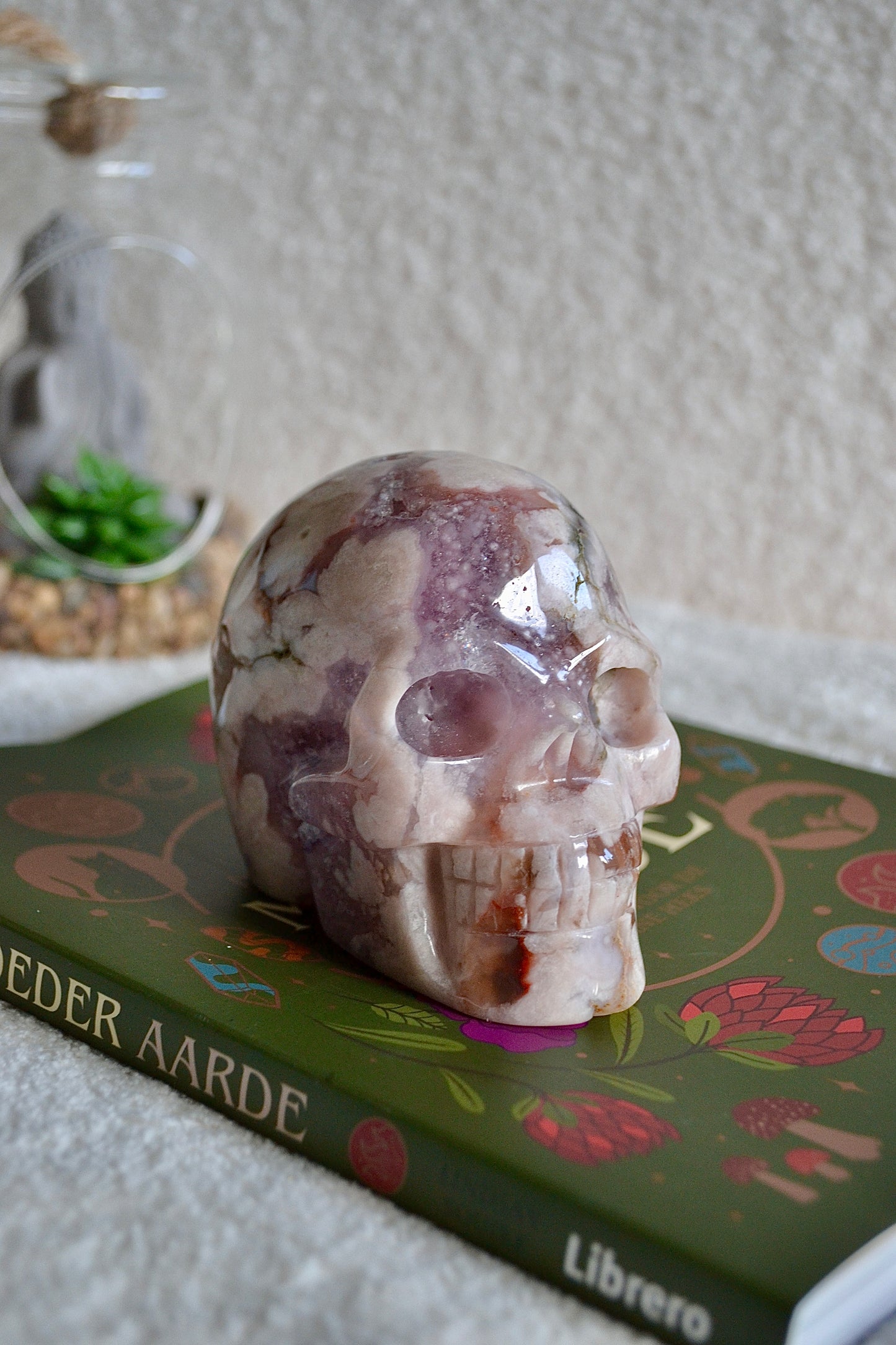 Pink Amethyst with Flower Agate Skull