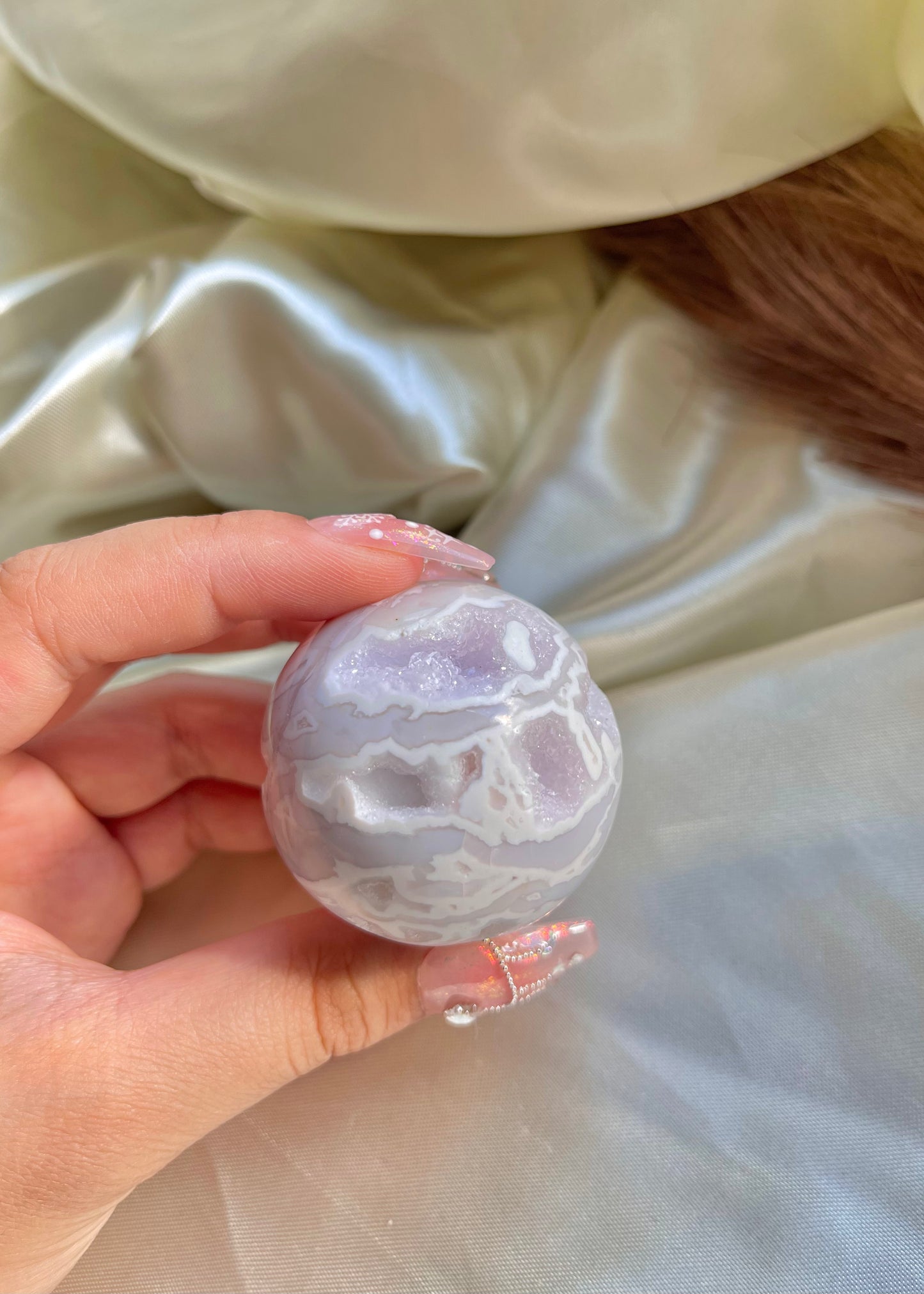 White Snow Plume Agate Sphere