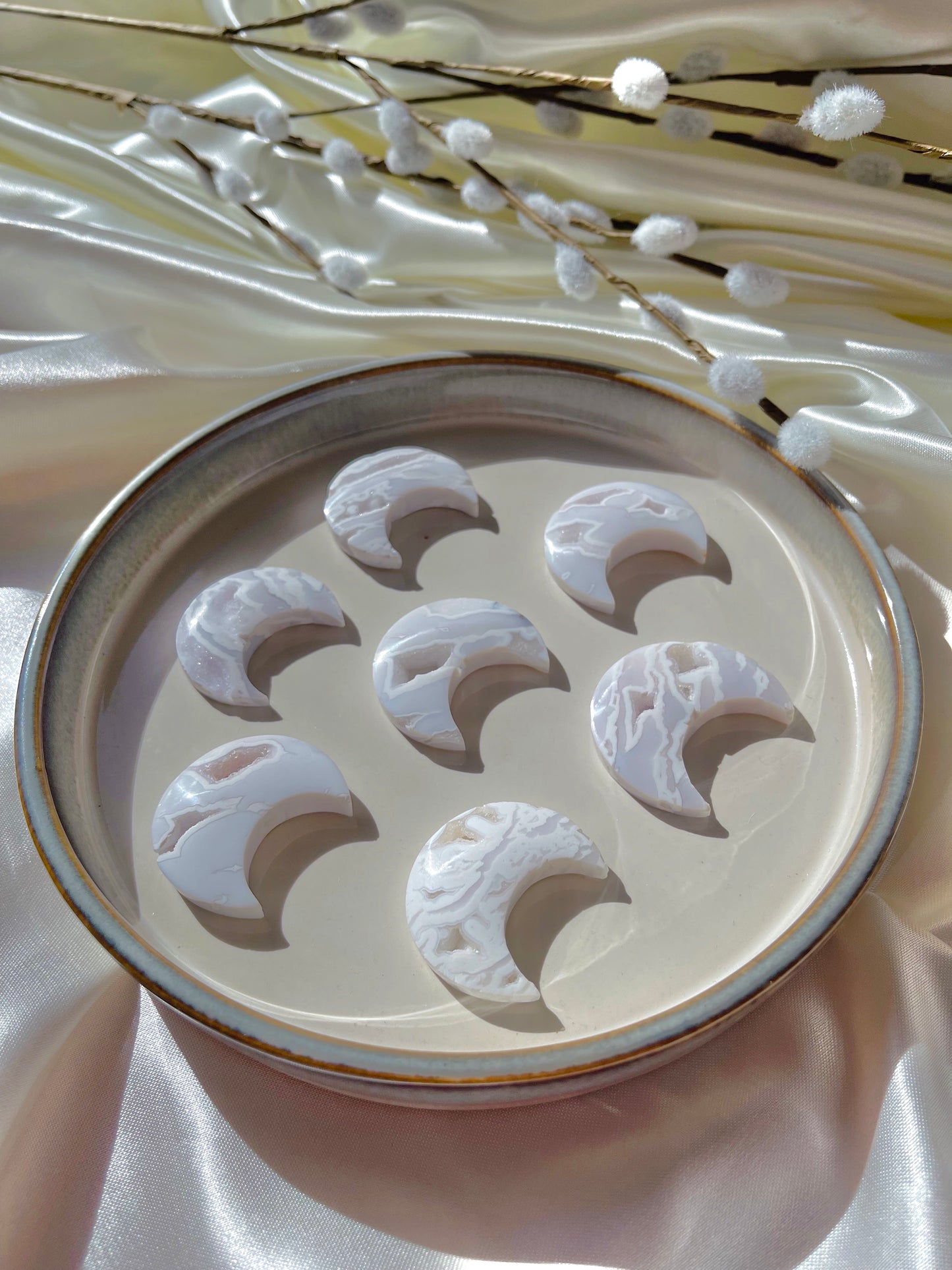 White Snow Plume Agate Moons