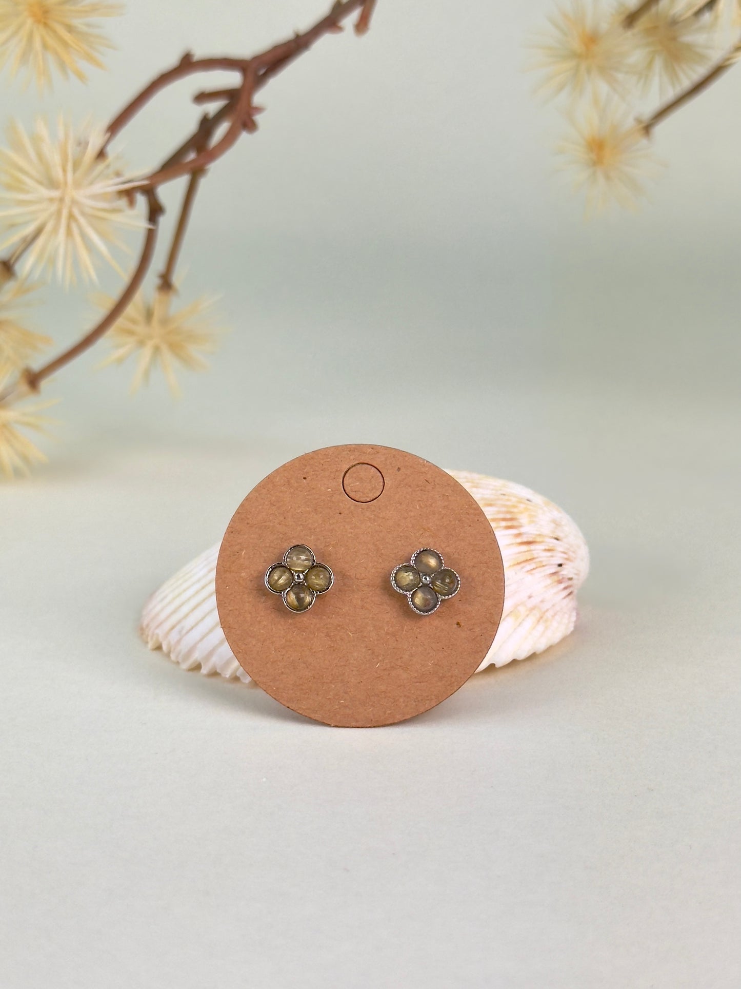 Golden Rutilated Quartz Flower Earrings