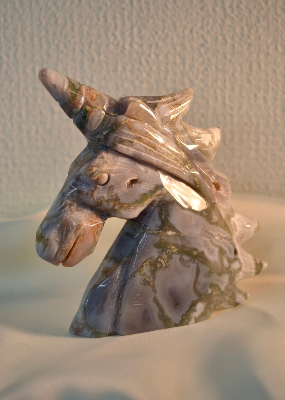 Moss Agate Unicorn Carving