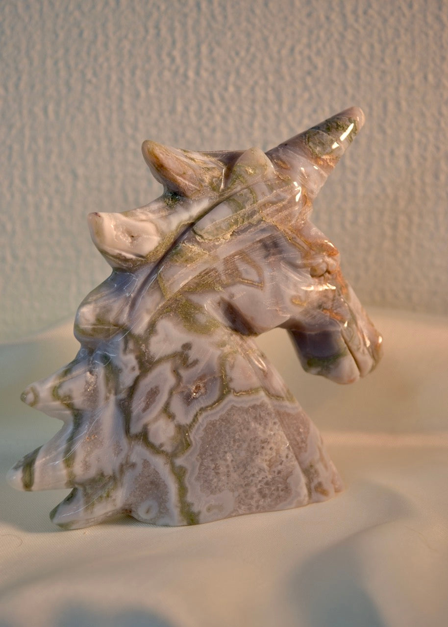 Moss Agate Unicorn Carving