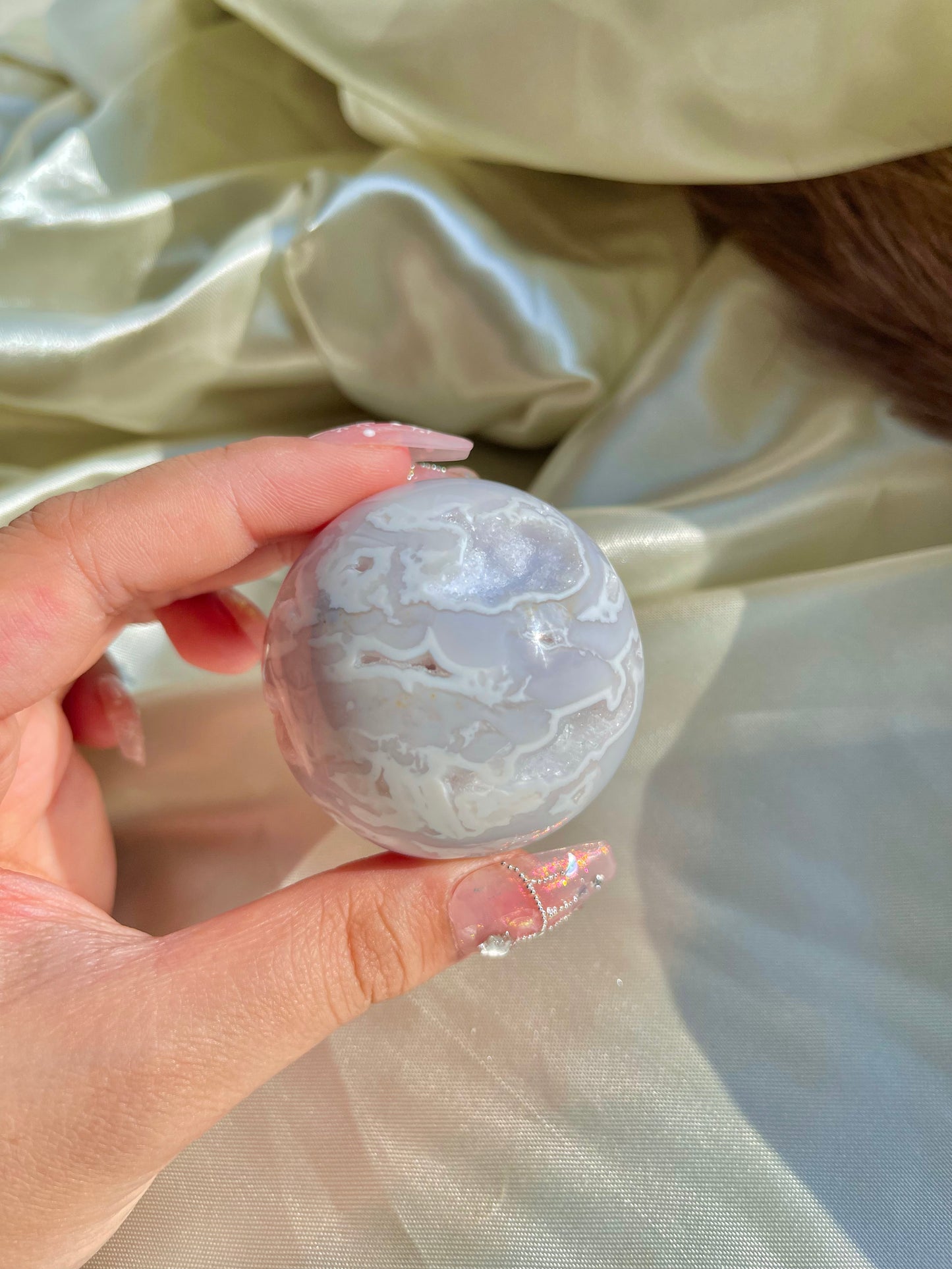 White Snow Plume Agate Sphere