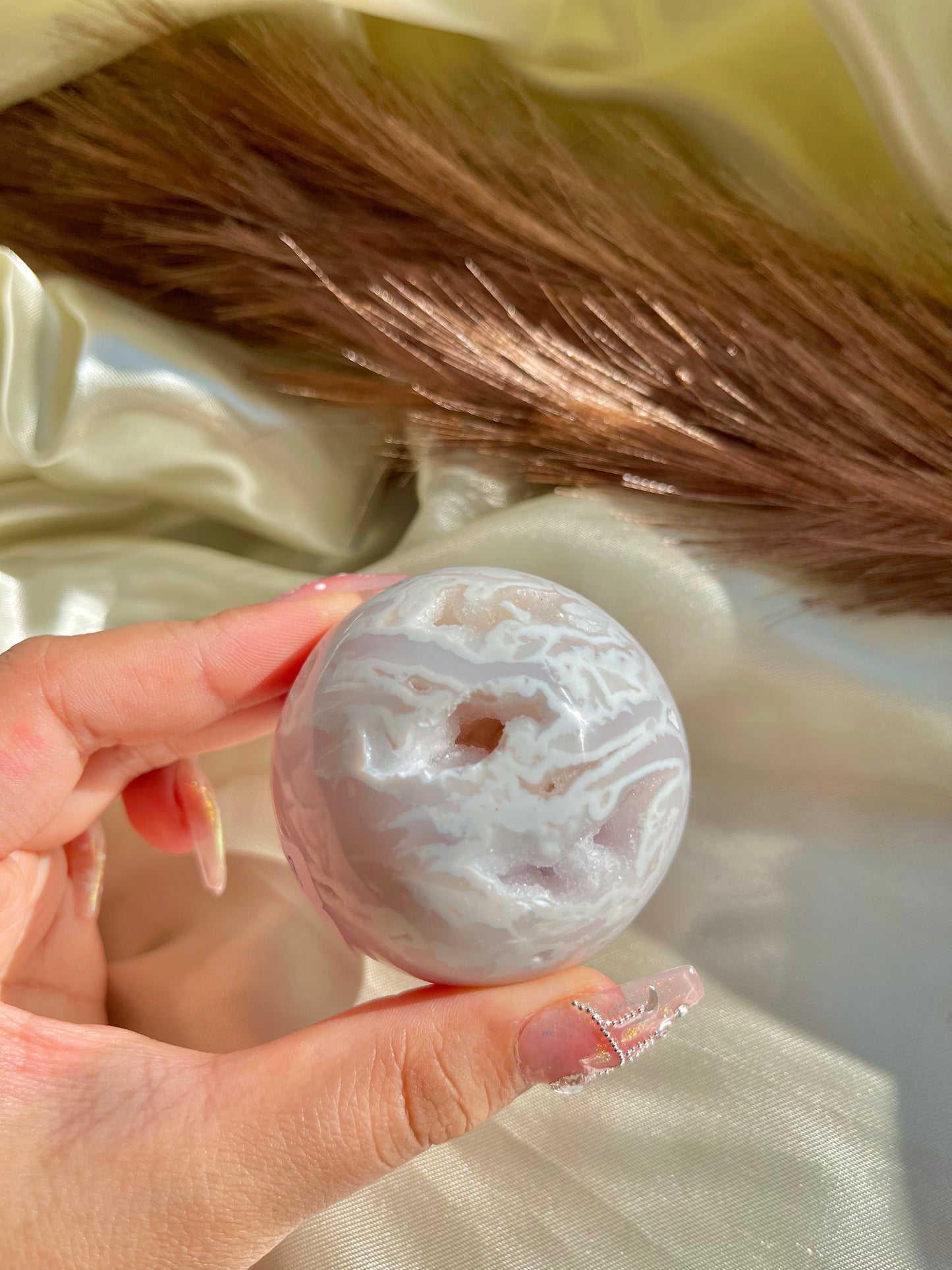 White Snow Plume Agate Sphere